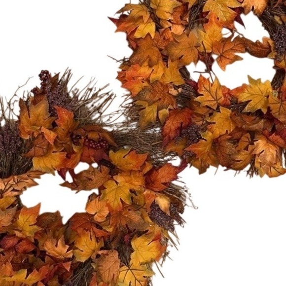 Set of 2 Fall Autumn Leaf Wreaths Harvest Decor 20" lightweight twigs leaves - Picture 2 of 2